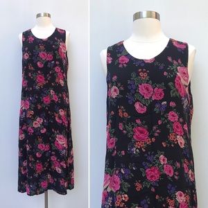 Vintage 90’s pink roses black floral rayon midi dress witchy goth retro grunge